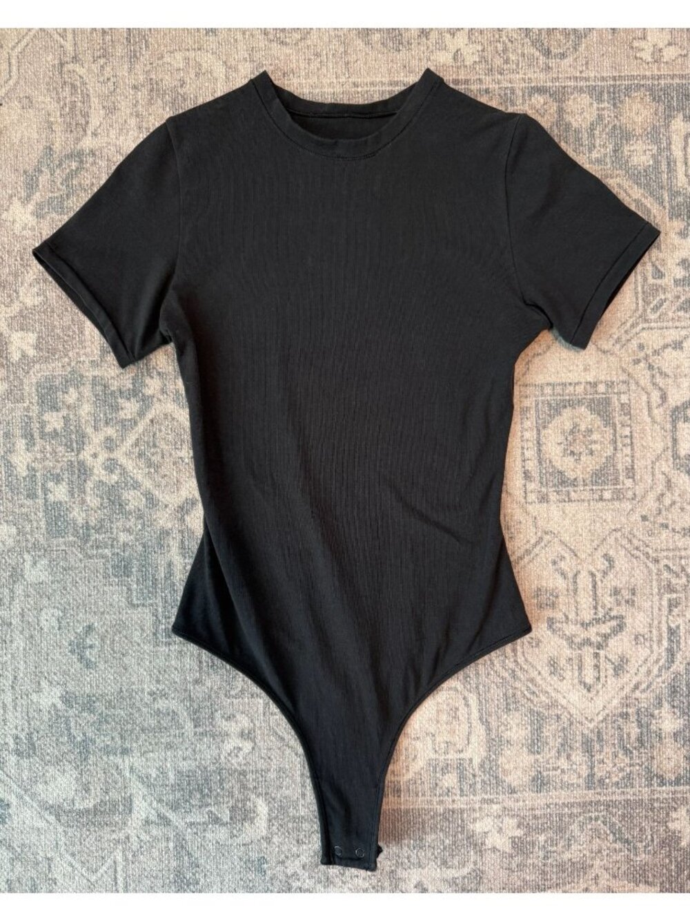 Quince Women's Organic Cotton Black Short Sleeve Crew Neck Bodysuit XS Stretch